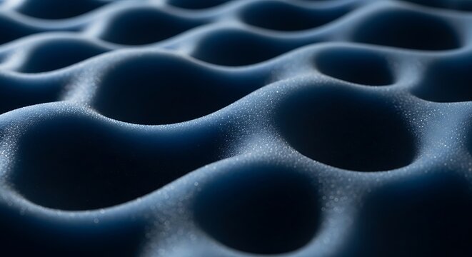 Dark blue acoustic foam panels with textured wave pattern for soundproofing and studio noise reduction showing soft material depth