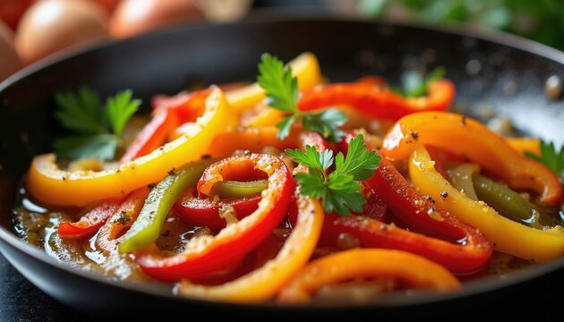 Bell peppers and onions cook in olive oil in a frying pan with parsley garnish. Sliced vegetables steam in hot pan ready for meal prep. Healthy food ingredients.
