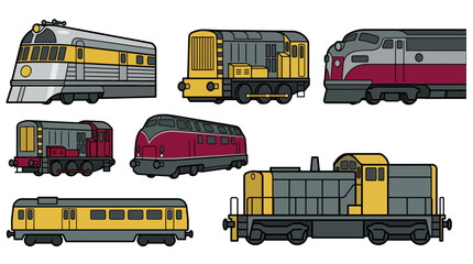 Collection of various cartoon-style train locomotives and passenger cars in different designs and colors. © Faisal
