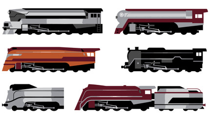 A collection of six stylized illustrations depicting various classic and streamlined steam locomotives in different colors and designs. © Faisal