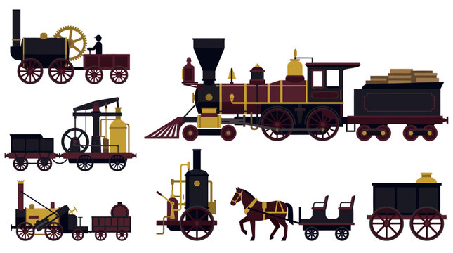 Collection of vintage steam locomotives and a horse-drawn carriage, illustrating early forms of land transport and railway history.