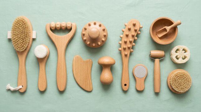 Set of natural wooden massage and skincare tools for body care.