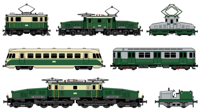A collection of various green and cream vintage-style electric locomotives, passenger coaches, and train components, depicted in a detailed illustration.