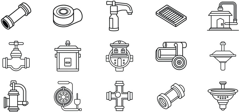 Industrial plumbing valve and pipe fitting icons set. Mechanical engineering components for construction and manufacturing design elements.
