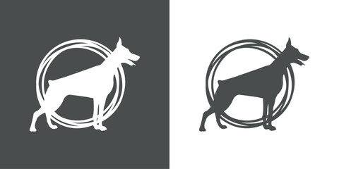 Logotipo con el dibujo sencillo de la silueta de un perro de raza Doberman en el interior de un círculo con líneas en colores gris y blanco  © teracreonte