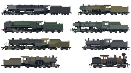 A collection of various steam and diesel locomotive models, showcasing different designs and eras of railway transport. © Faisal