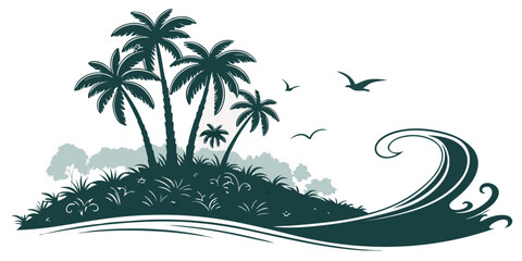 Tropical island silhouette with palm tree, ocean waves, and flying birds © Mamun
