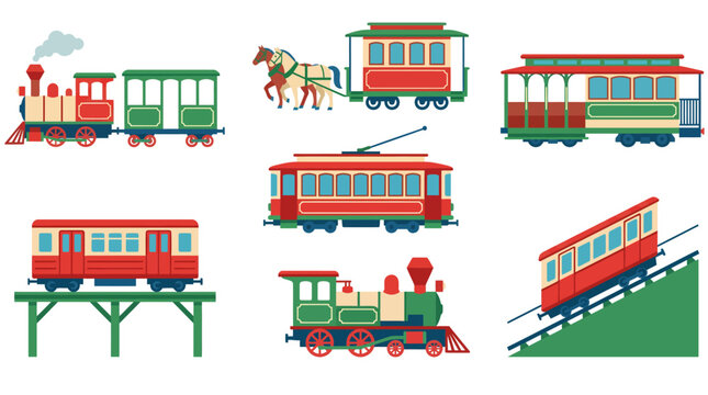A collection of various vintage and modern public transport vehicles including trains, trams, cable cars, and horse-drawn carriages.