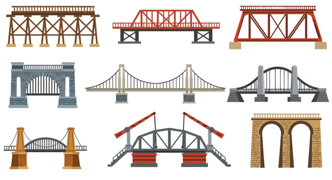 A diverse collection of various bridge types and designs, including truss, suspension, arch, and drawbridges, presented as isolated vector illustrations.