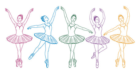 Colorful hand drawn sketch collection of ballerinas dancing in tutus with ballerina performance movement graceful dramatic handdrawn colorful © Velixar Design