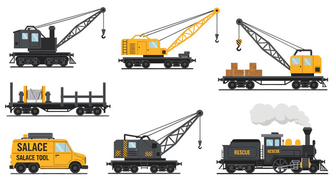 A collection of various industrial and transport vehicles including train cranes, flatcars, a steam locomotive, and a service van.