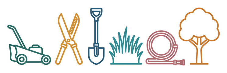 Set of gardening and landscaping equipment icons including a lawnmower hedge shears shovel grass patch garden hose tree in a line art style © Velixar Design