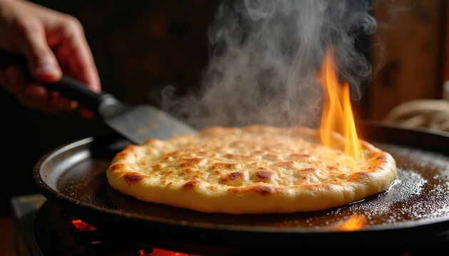 Hand flips puffed flatbread on hot griddle with open flame. Dough puffs and steams while cooking. Rustic kitchen scene with fresh bread preparation.