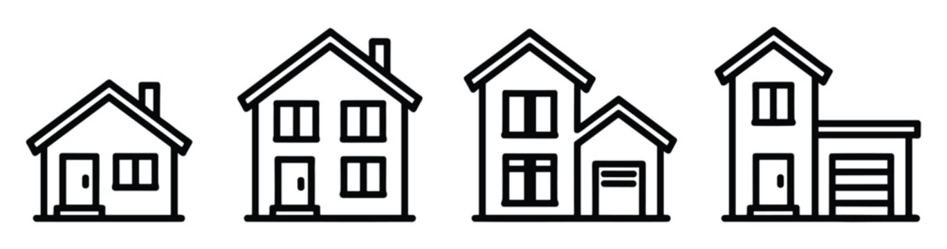 Collection of simple residential house icons illustrating various home sizes and types including a small cottage and houses with attached garages