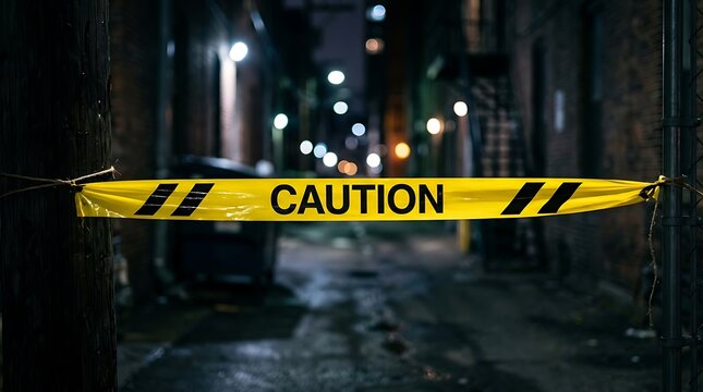 Yellow caution tape tied to wooden utility pole in dark city alleyway at night with blurred bokeh background representing restricted area and urban danger zones