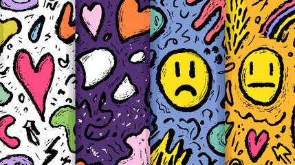 Colorful Abstract Doodle Illustration Featuring Smiley and Sad Faces on a Vibrant Background © AI PIC