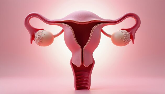 Anatomy of human uterus with fallopian tubes, ovaries shown in 3D render. Educational medical visual displays reproductive system structures inside female body. Pink organ model highlights cervix