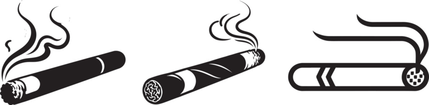 Lit cigar vector icons set with smoke trails for tobacco and smoking design elements