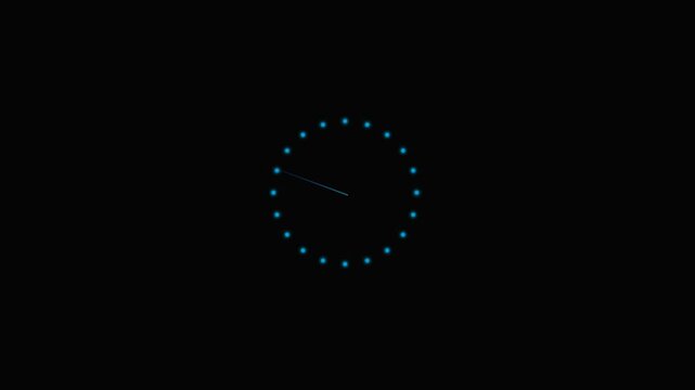 Minimalist blue neon circle clock face with a single glowing hand on black