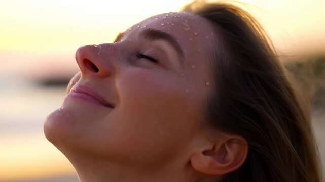 Young woman tilting head upward with eyes closed, water droplets on face, soft sunset light over coastal backdrop, calm expression, fresh skin, gentle breeze, serene outdoor portrait