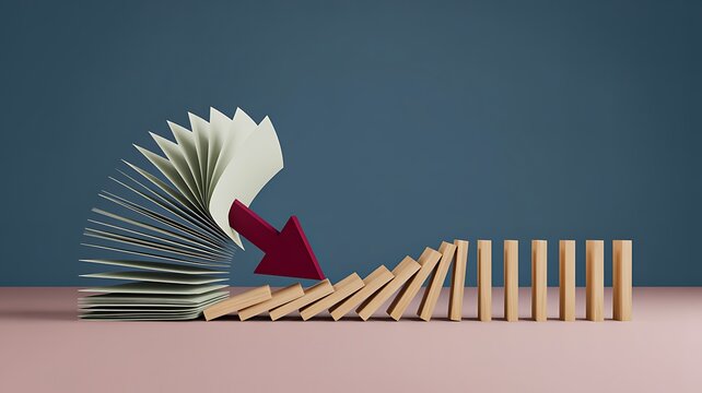 Domino effect concept with falling book and chain reaction representing knowledge impact