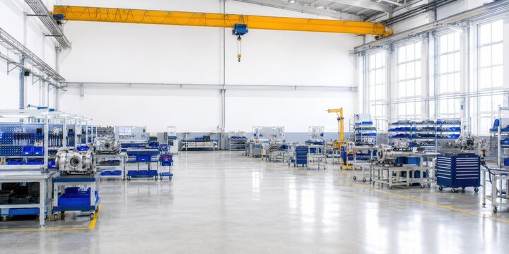 Industrial manufacturing facility interior featuring multiple workstations with machinery and tools, large windows providing natural light, and overhead crane for material handling