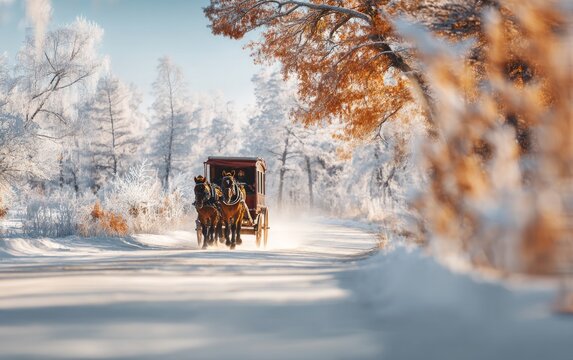 Winter carriage ride with horse team on snowy road in forest landscape