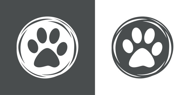 Logo pet friendly. Dibujo sencillo con la silueta de una huella de pata de perro o gato en el interior de un c&iacute;rculo con l&iacute;neas en colores gris y blanco 