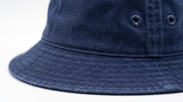 A detailed close-up view of a navy blue bucket hat on a white background