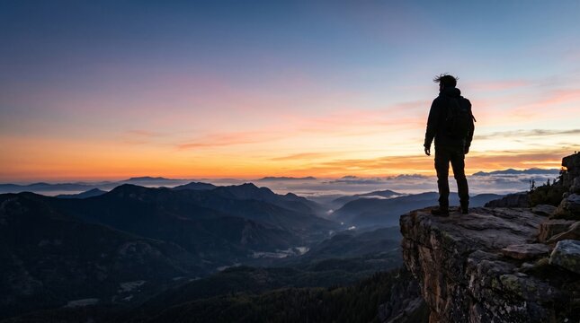 朝焼けの崖に立つ男性の後ろ姿と広大な山々の景色