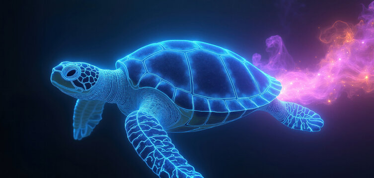 Glowing blue sea turtle swims through dark water. Mystical marine animal trail leaves purple light particles behind. Neon reptile silhouette floats like spirit energy in deep ocean space. Fantasy