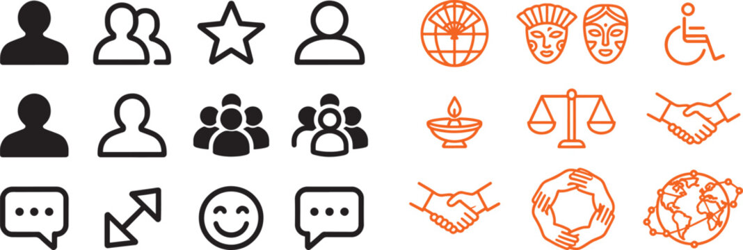 Community and diversity vector icon set featuring people user profiles handshake globe scales of justice and accessibility symbols