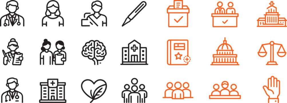 Vector icon set of healthcare and government thin line icons featuring doctor hospital brain scales of justice ballot box and capitol building