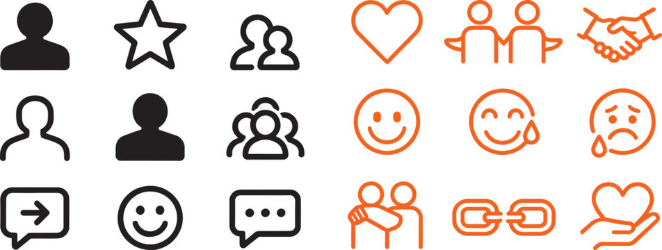 Social media and community vector icon set with user profiles, emotions, friendship, and communication symbols in black and orange