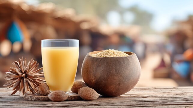 Refreshing Palm Wine and Fura on a Sunlit Rustic Market Table