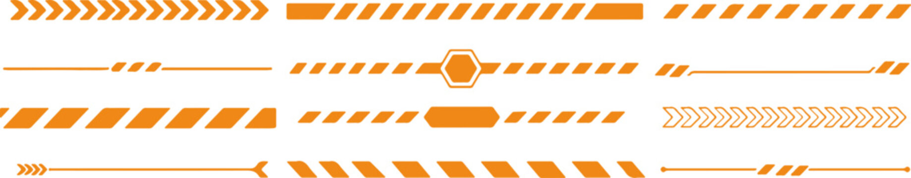 Orange diagonal stripe border set with safety warning pattern. Industrial caution tape banner featuring hazard line elements isolated on transparent background eps