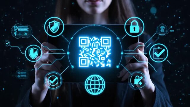 Digital Security Concept with Woman Holding Tablet Displaying Glowing QR Code and Cyber Protection Icons