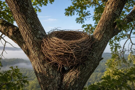 Large woven bird's nest in a tall tree fork against a soft-focus sky.