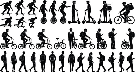 Urban Commuting People Silhouette Set Riding Bicycles Scooters Skateboards Walking and Delivery Vector © SreeRupali