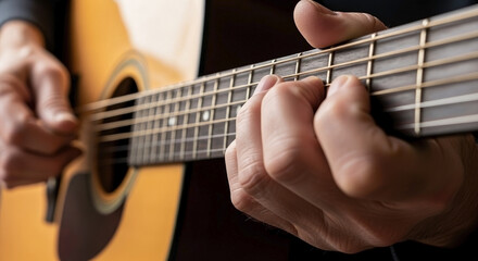 Obraz premium Elderly man playing guitar, hands deftly on fretboard of acoustic instrument, making music. Senior musician finds joy in elderly man playing guitar, a fulfilling hobby.