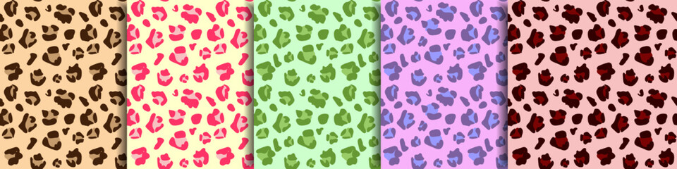 Set of Trendy colorful seamless leopard print patterns in trendy pastel and bold color palettes. Hand drawn wild animal cheetah skin abstract texture for fabric, textile, wrapping paper © loli