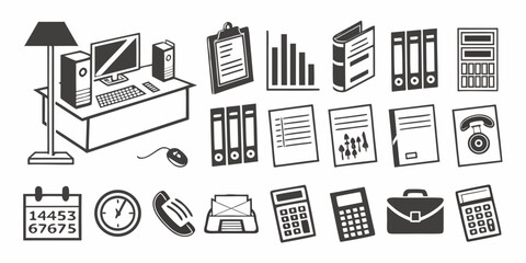 Fototapeta premium Minimalist black and white office set, including printer, documents, calculator, and more briefcase folder