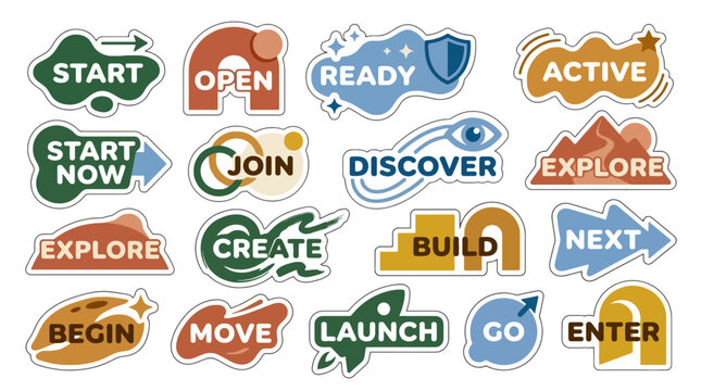 Vector sticker set of motivational action words and buttons for website navigation