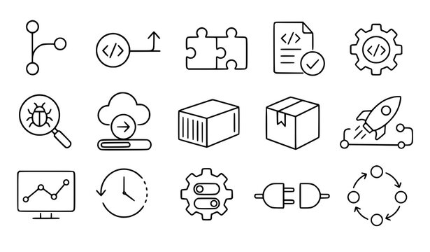 Software development process icons in a clean vector silhouette style isolated on white background