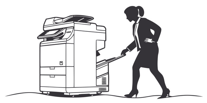 Person operating photocopier machine, silhouette style, white background, printer office equipment black silhouette