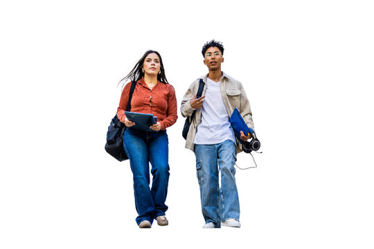 Diverse students walking, carrying school supplies, ready for learning and education. PNG