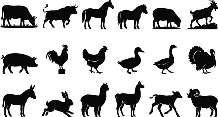 Fototapeta premium Set of black silhouettes of diverse farm animals and livestock isolated on a white background image_2fb028.png