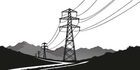 Power lines crossing mountain landscape at dusk, silhouetted against sky transmission towers electricity pylons © Mamun
