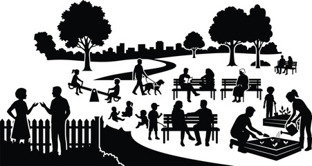 Public Park People Silhouette Scene Community Garden Playground Seesaw Dog Walking Vector SVG © SreeRupali