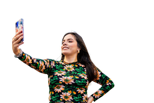 Young woman taking a selfie with smartphone, sharing personal story online. PNG